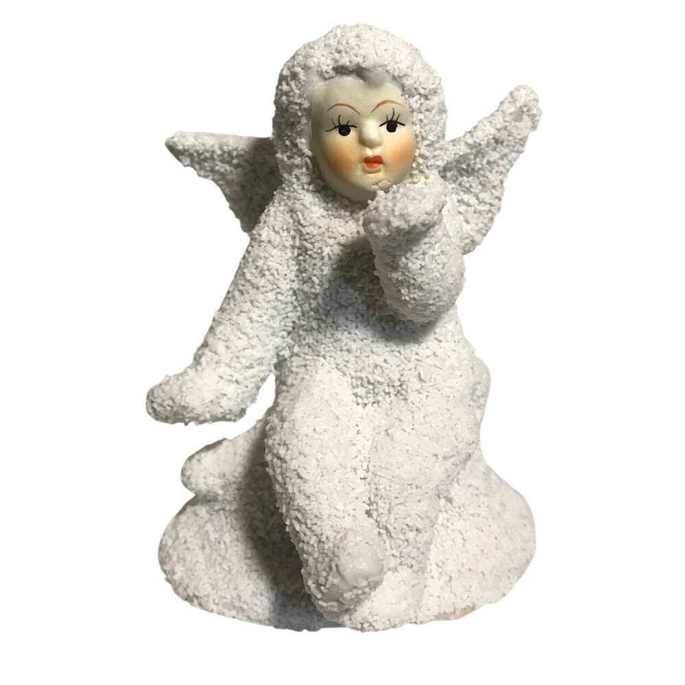 Ceramic Angel Figurine Blowing Kiss Textured Finish & Hand Painted Face 3.5”